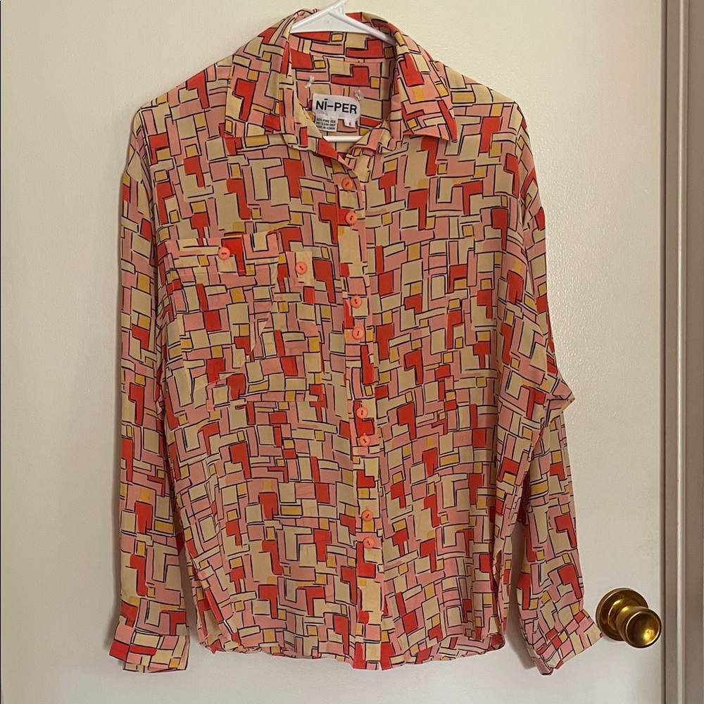 Women's Abstract Button Down Shirt - Red and Pink